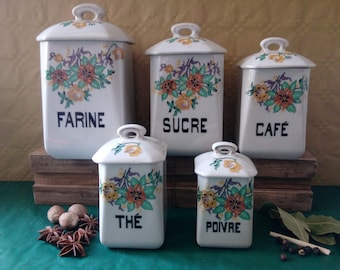 Antique French Porcelain Kitchen Storage Canisters, Vintage French condiment containers, vintage kitchen storage, French country decor