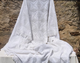 French XL White Cotton Crocheted Blanket & Matching Bolster Cover, Handmade Heavy Crochet Throw, French Bohemian Afghan Crocheted Blanket +