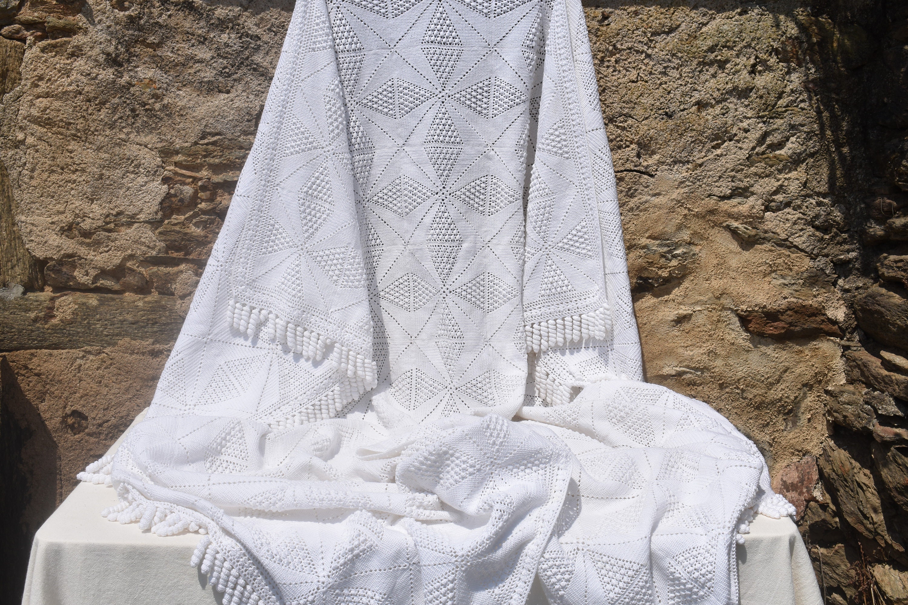 Français Xl Couverture Au Crochet en Coton Blanc et Housse de Traversin Assortie, Lancer Lourd Fait 