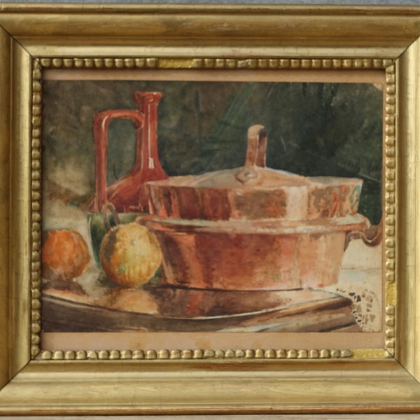 French Original Watercolour Painting, Charming Copper Tourtière Still Life by "Francois Houpe", Shabby Chic Painting with Gilt Gesso Frame