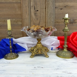 French Glass And Gold Metal Fruit Coupe, Art Nouveau Pressed Glass Pedestal Fruit Bowl, Beautiful Antique Crenelated Glass Table Center