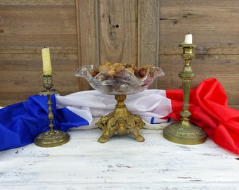 Art Nouveau French Glass Fruit Coupe: Gold Metal Pedestal Bowl