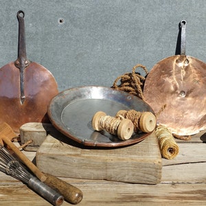 A Trio Of French Copper Treasures, Two Super Shabby Chic Copper Splash Lids And A Tinned Copper Shallow Bowl, French Country Kitchen Decor.