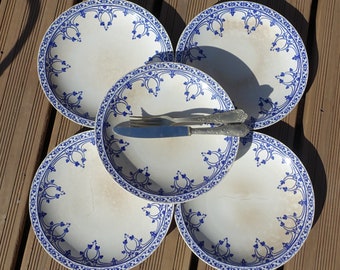 SET 5 Ironstone 10&quot; Hollow Plates, Shabby Chic Stunning &quot;Creil & Montereau&quot; White + Royal Blue Art Nouveau Dec, French Belle Epoque Elegance