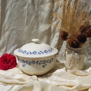 1930s French &quot;St Uze&quot; Blue & White Stoneware Tureen, Adorable Small Gray/White Stoneware Tureen + Lovely Cobalt Blue Art Deco Flowers, VGC