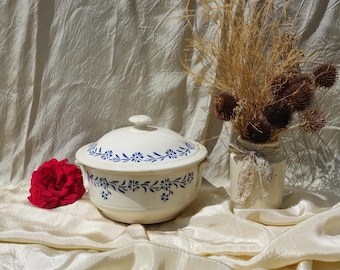 1930s French &quot;St Uze&quot; Blue & White Stoneware Tureen, Adorable Small Gray/White Stoneware Tureen + Lovely Cobalt Blue Art Deco Flowers, VGC