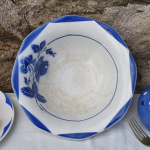 1930/40s French Blue White Ceramic Bowl, &quot;Digoin&quot; - Beautiful Octagonal Rim Stained ceramic Salad Bowl & Royal Blue Roses Stencil Decor