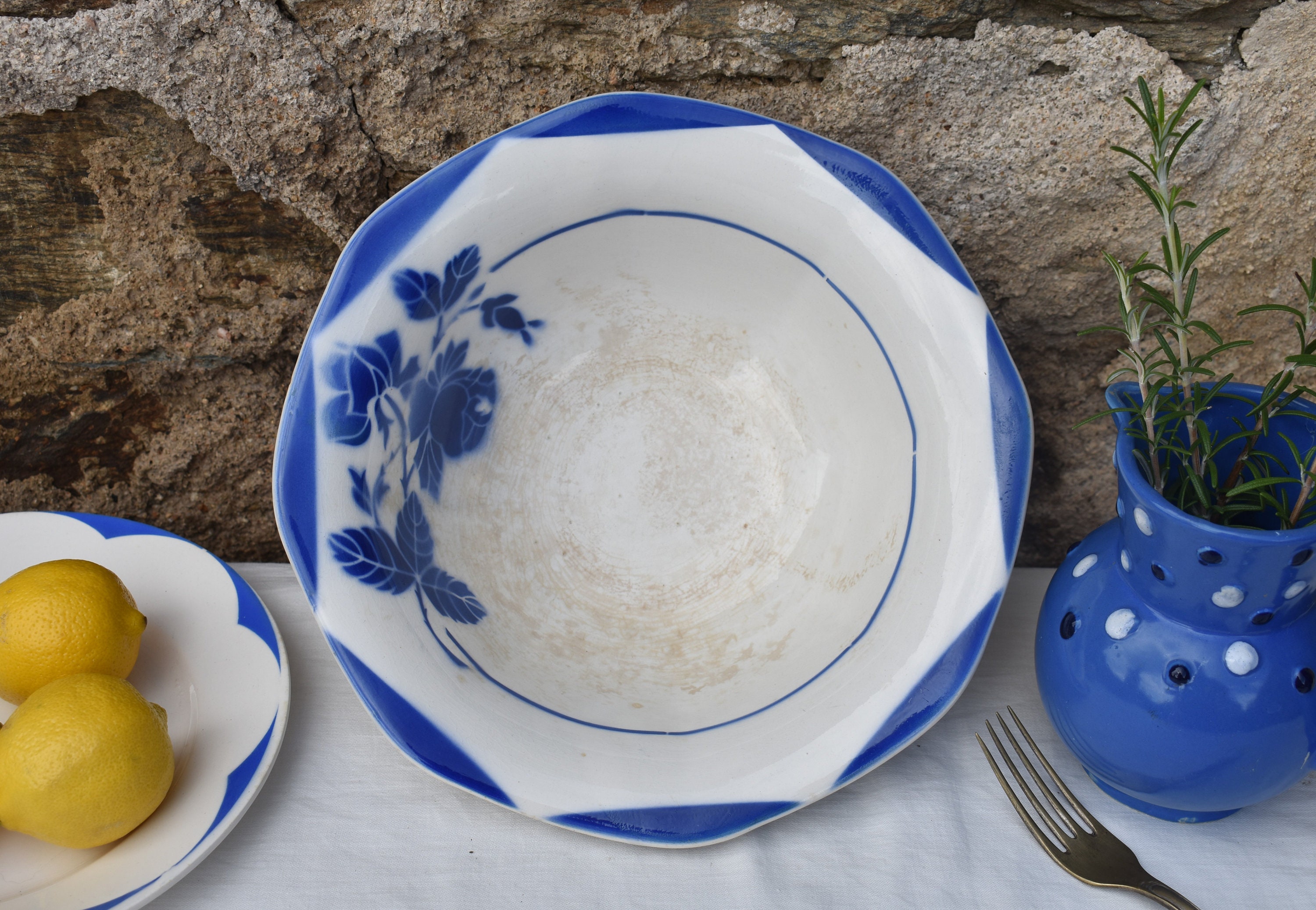 1930/40S Français Blue White Ironstone Bowl, Digoin - Beau Décor de Salade Teinté Jante Octogonale e