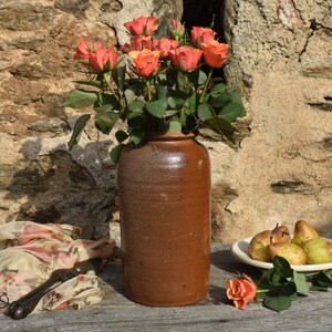 French Tall Earthenware Pot, Vintage French Primitive Handmade 10 1/2&quot; Vase, Rustic French Salt Glazed Tall Pot, Long Spoon or Utensil Crock