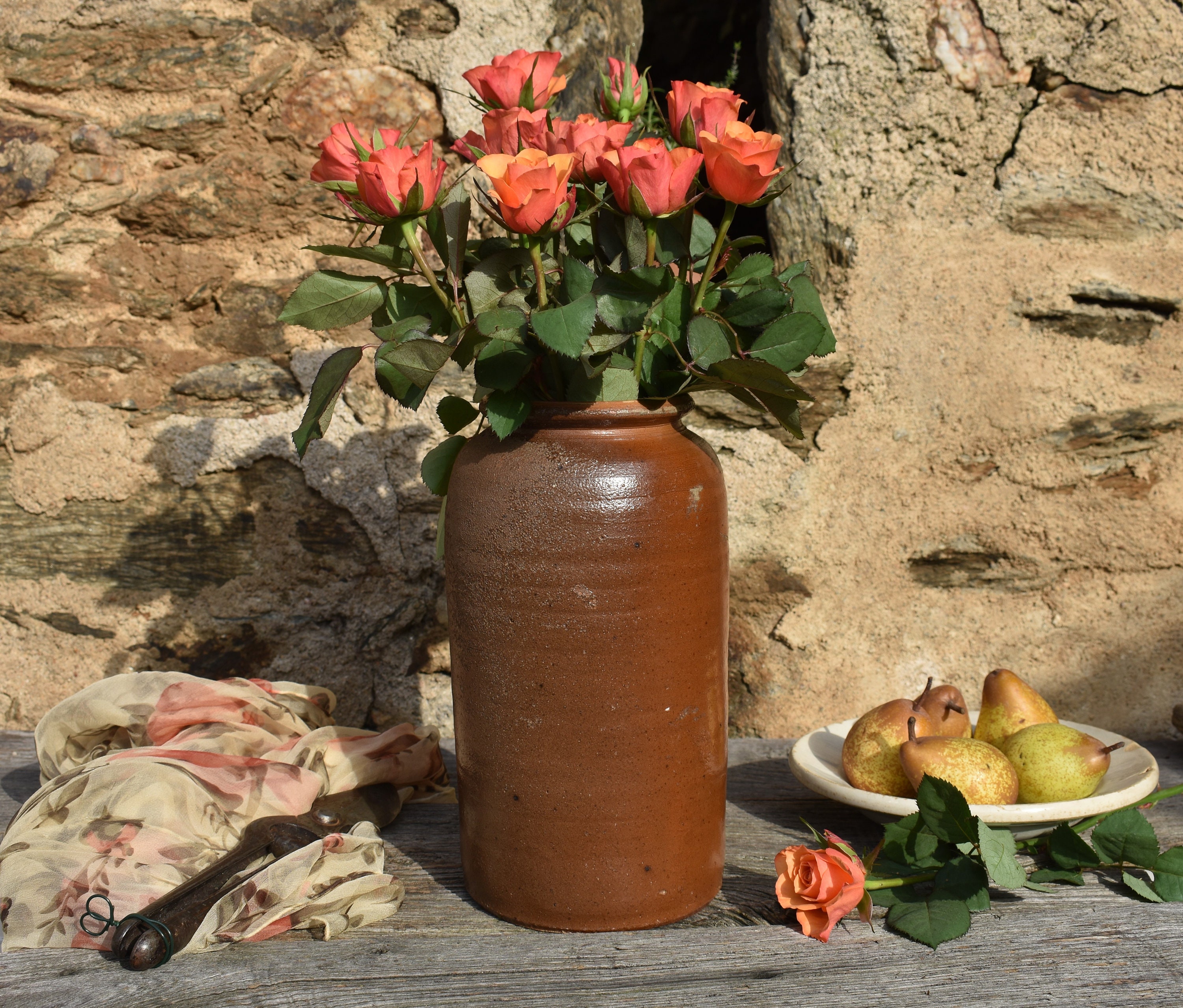 Français Grand Pot en Faïence, Vintage Français Primitif Fait à La Main 10 1/2 Vase, Rustique Glacé 