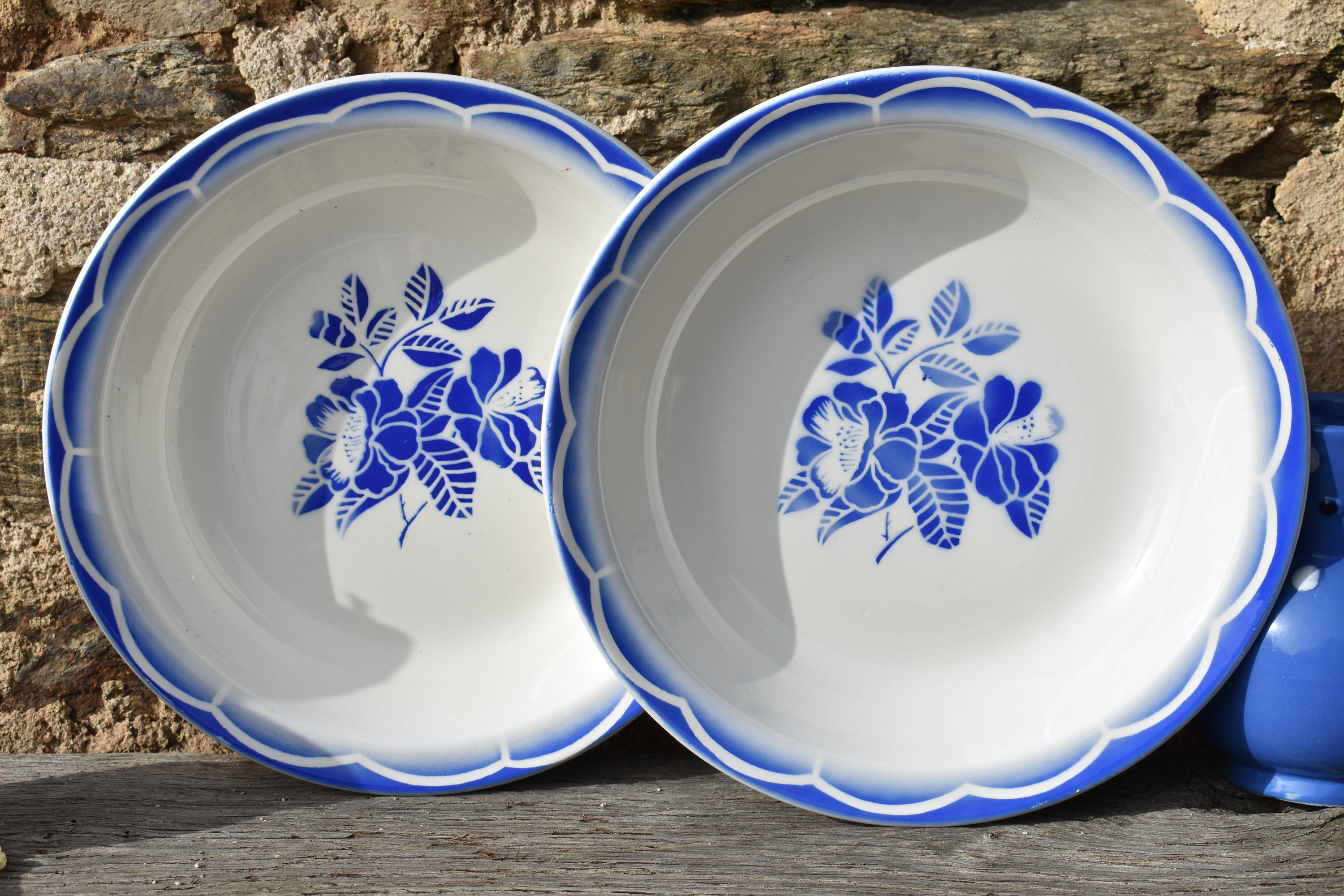 1950S Paire Français Ceramic Blue White Bowls, 2