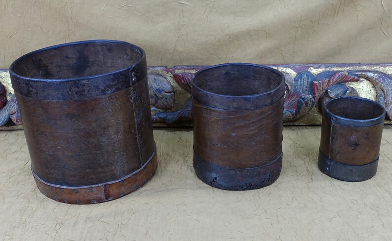 Antique French Grain Measures: Bentwood, Steel & Leather - 19th Century Trio image 4