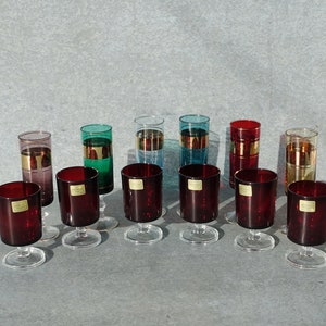Set of 12 Coloured Drinking Glasses, 6 Luminarc Ruby Port Glasses, PLUS 6 Multicoloured Bohomian Gilt Decor Tall Liqueur Glasses Collection!