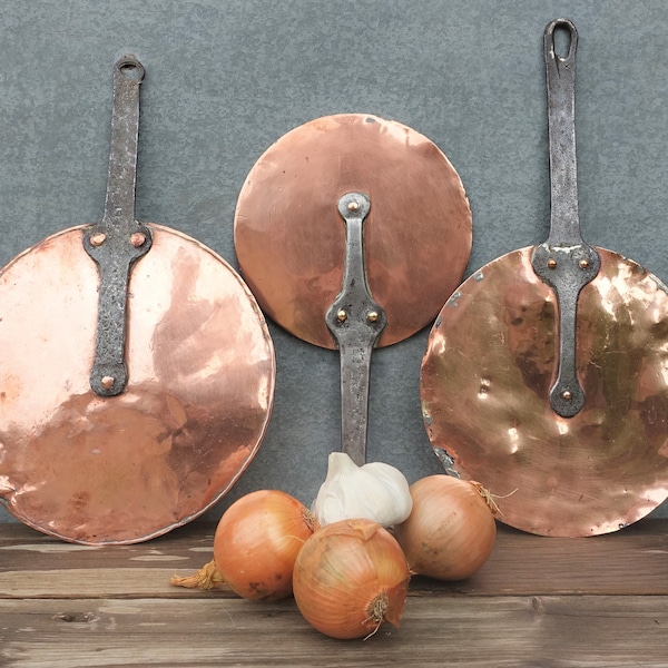 French Mismatched SET Of Copper Slash Lids, 9", 8 1/4", 7", Antique Hand Forged Rustic Copper Pan Lids, Wonderful TRIO French Copper Lids.