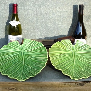 Pair French &quot;Cabbage Leaf&quot; Style Serving Dishes, Green Majolica &quot;Gres&quot; Serving Platters, 1960&#39;s Bright Green Cabbage Ware, French Majolica.