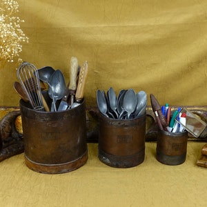 Antique French Grain Measures: Bentwood, Steel & Leather - 19th Century Trio image 1