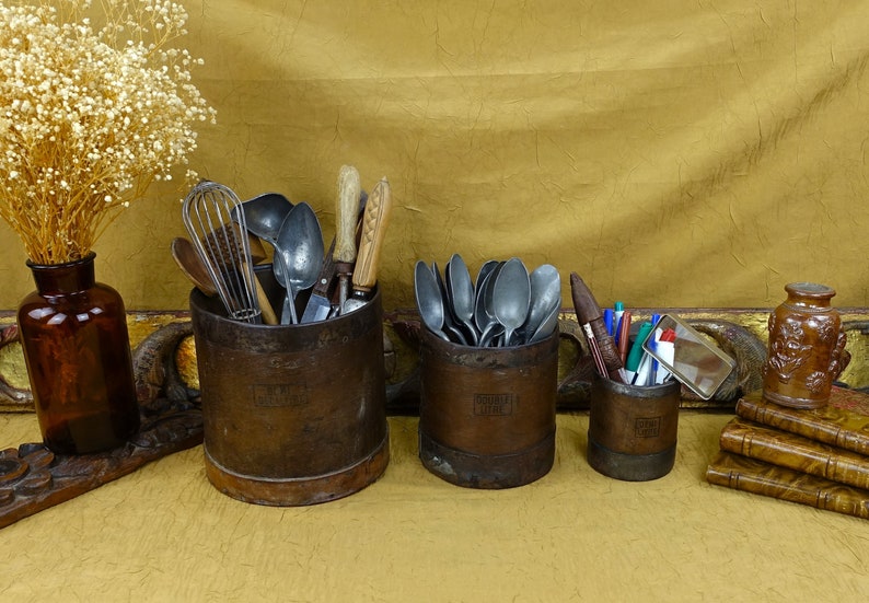 Antique French Grain Measures: Bentwood, Steel & Leather - 19th Century Trio image 1