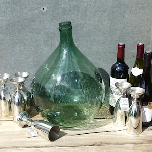 Vintage French Green Glass Demijohn, 16 1/2&quot; Big Green Glass Wine Bottle, Lovely Flaws, Bubbles & Dimples, French Emerald Green Glass Carboy