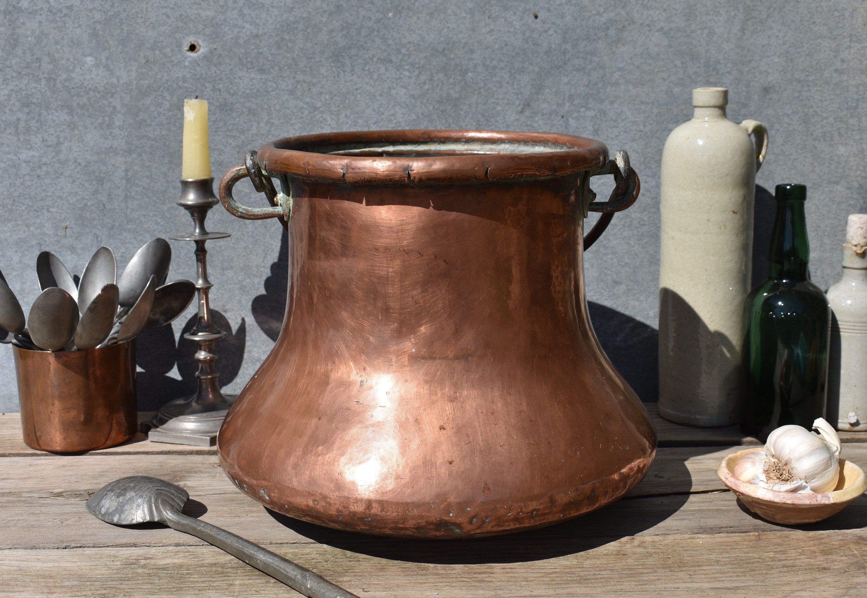 Pot de Cuisson en Cuivre Xl Des Années 1800 Français, Chaudron Robuste Mais Antique Galbé à La Main,