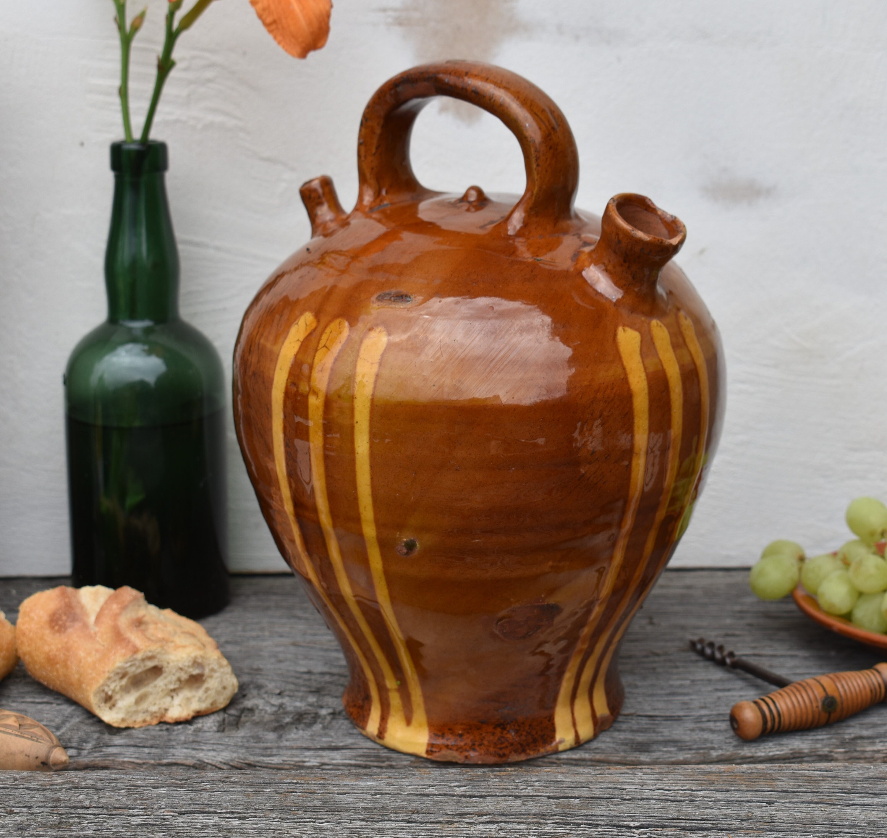 Gargoulette à L'argile Français Des Années 1800, Joyeux Récipient Eau/Vin en Faïence Glacée, Glaçage