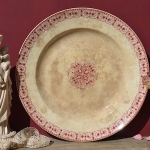 Gorgeous French Ironstone Platter, Wonderful Pink/Red Transferware on Stained Ivory Ironstone, 12&quot; French Round Hollow Serving Plate, VGC
