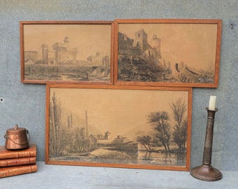 1870s Set Of 3 French Prints Of Charcoal Drawings, Framed Views Of Local Towns From The 1870s, Perpignan, Najac And Villefranche De Rouergue