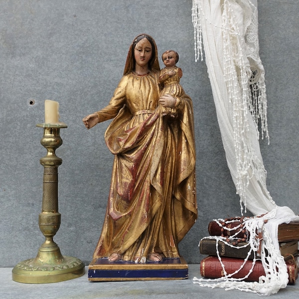 18/19 selte hölzerne Madonna und Christus-Kind-Statue, 17 "alte Holz / Gesso Maria und Jesus-Figur, französische Jungfrau, die Säugling-Jesus-Statue hält