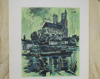 Litografia di Kischka raffigurante Notre-Dame: arte moderna parigina d'epoca (63,5 x 82,5 cm)