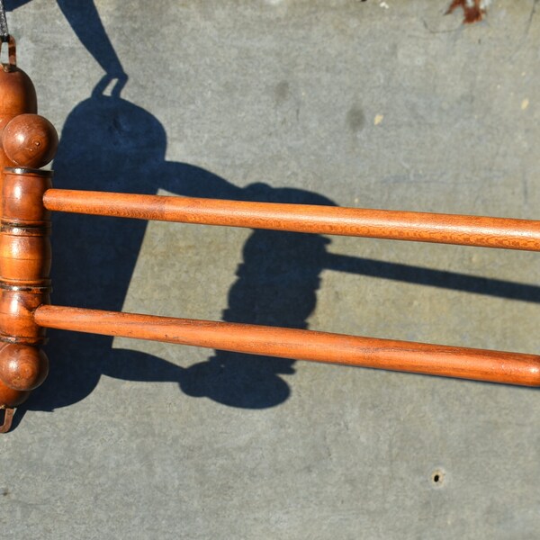 1930s French Wooden Towel Holder, Lovely Faux Bamboo Rich Toned Wooden 2 Rod Towel Rack, Swivel Rod Towel Holder, Bathroom/Kitchen Use