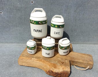 1950s French Ceramic Kitchen Canister Set: Chicken Decor, Gold Accents
