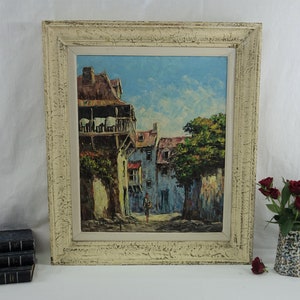 Französisches Dorf Ölgemälde: Impressionistische Palettenmesserkunst, signiert 1970s Leinwand