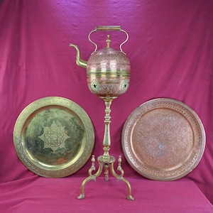 FREE SHIPPING ! Antique Moroccan Kettle And Stand, Brass And Copper Handmade Charcoal Kettle, 28 Lbs, 42&quot; Tall, Stunning Little Used Antique