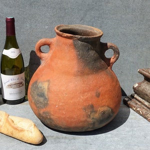 19th French Primitive Terracotta Pot, Rustic Clay Cooking Pot Open Fire, Great Shape & Patina, Rustic Utensil Pot/Vase, Great Wabi Sabi Look
