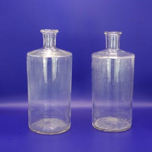 A Fine Pair Of French Pharmacy Bottles, Clear Glass Apothecary Jars, 12&quot; Tall Antique Pharmacy Jars, Genuine Ancient Chemist Bottles.