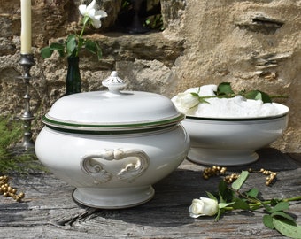 French Ironstone Tureen + Salad Bowl, French &quot;Digoin&quot; White Ceramic & Green Gilt Banding, French Soup Tureen + Versatile Footed 11&quot; Bowl