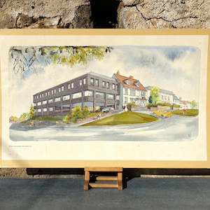 Acquerello originale di architetti, acquerello degli anni '70 di sviluppo di uffici, Rickfords Hill Aylesbury, carta fatta a mano con retro in cartoncino pronto per essere incorniciato