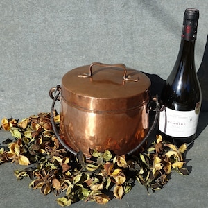 Puede incluir: Una olla redonda de color cobre con tapa y asa, junto a una botella de vino. La olla tiene un asa de cuerda oscura y se asienta sobre un lecho de hojas secas. La botella de vino tiene una etiqueta blanca y un cuerpo de vidrio oscuro.