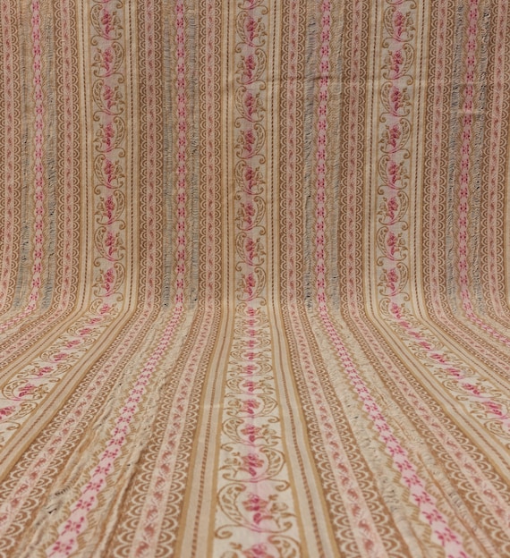 Vintage French Cotton Rayon Fabric: Beige Red Satin Stripe, 8+ Feet