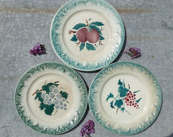 19th Ironstone Fruit Plates, SET of 3 "Castres Faience" S France, Beautiful Green/Blue Relief Rim Fruit Plates, Pretty Wall/Cabinet Plates