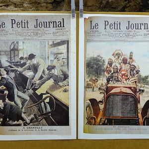 Para francuskich plakatów „Le Petit Journal” z lat 1905 i 1915, kolorowe reprodukcje pierwszych stron czasopism paryskich.