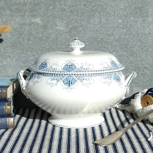 French Ironstone Tureen, FREE SHIPPING, Classic &quot;Sarreguemines - Germaine&quot;, White Ironstone Tureen With Blue Geometric And Swills Design,