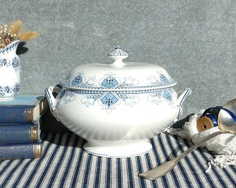 French Ironstone Tureen, FREE SHIPPING, Classic &quot;Sarreguemines - Germaine&quot;, White Ironstone Tureen With Blue Geometric And Swills Design,