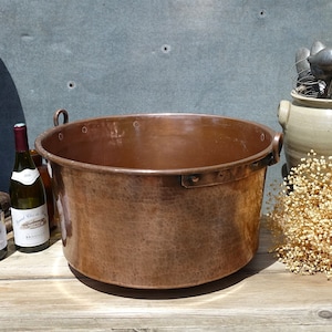 19th 20&quot; French Copper Cooking Pot, Super Big Copper Cauldron, French Copper Stock Pot, Large Round Copper Planter, Twisted Copper Handle