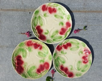 1900 French Strawberry Plates, SET of 3 Beautiful Shabby Chic Majolica Fruit Plates, Stained & Crazed Strawberry Plates, French Barbotine