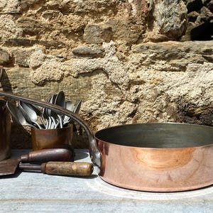 Antique French Copper Frying Pan: Tin Lined Cookware, Wrought Iron Handle
