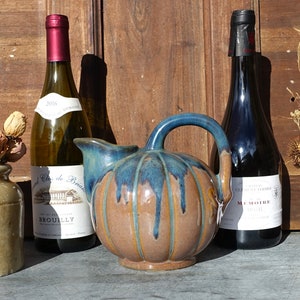 French Stoneware Melon Wine Or Water Jug, Rustic Charentais Style Wine Or Water Carrier, 1970&#39;s French Ironstone Wine Pitcher, Great Glaze.