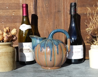 French Stoneware Melon Wine Or Water Jug, Rustic Charentais Style Wine Or Water Carrier, 1970's French Ironstone Wine Pitcher, Great Glaze.