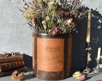 Antique 20th French Wooden Grocery Measure, 10 Litre Large French Grain Measure, Bentwood With Rustic Metal Bands, Perfect Flowers, Planter