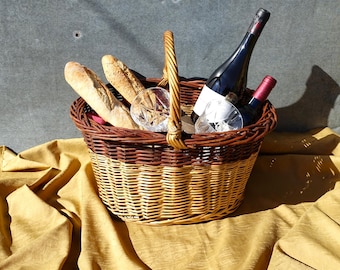 Vintage French Wicker Market Basket: Handmade 1970s Shopping Basket