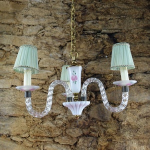 French Opaline/Clear Glass Chandelier, Adorable 30s/50s Twisted Glass 3 Arm Light, Opaque Elements, Hand Painted Pink Roses, Original Shades